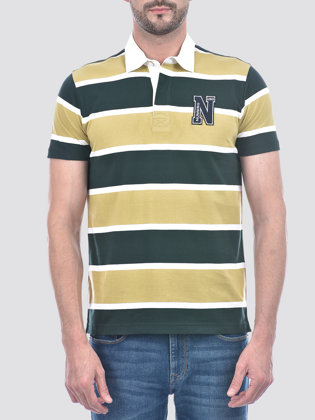 Numero Uno Men Olive And White Striped Polo T-Shirt